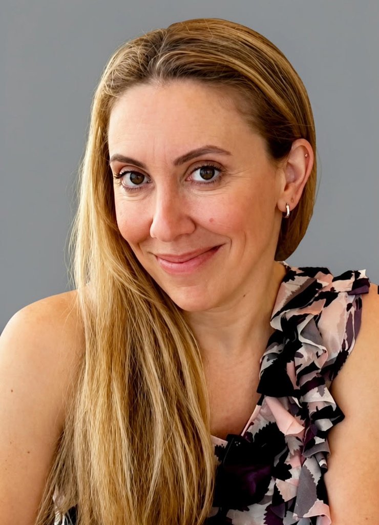 Portrait of a smiling woman with long blonde hair, wearing a pink and gray floral ruffled top.